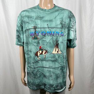 Vintage 1994 Sneaky Tees Mens XL Green Tie Dye Western Rodeo Wyoming Map T-Shirt